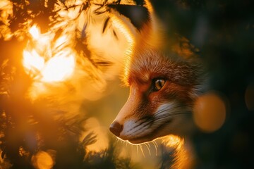 Aufkleber - Red fox profile at sunset, backlit by golden light, partially hidden in foliage.