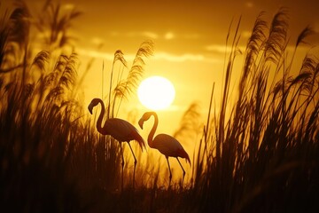 Aufkleber - Two flamingos silhouetted against a vibrant sunset, standing amidst tall grasses.