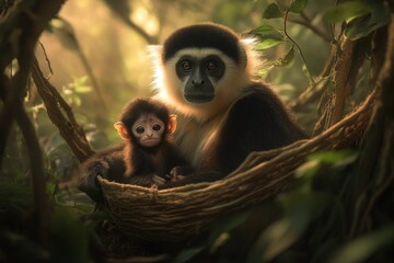 Poster - Black and white colobus monkey mother cradles her baby in a nest, sunlight filters through the jungle foliage.