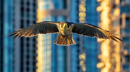 Aufkleber - Peregrine falcon in flight, city backdrop.