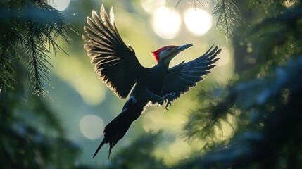 Poster - Pileated woodpecker in flight, wings spread, sunlight through trees.