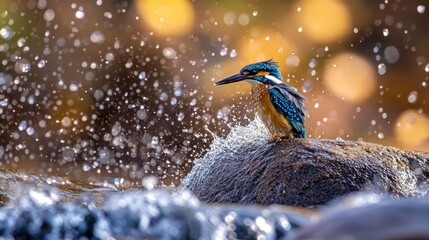 Poster - Vibrant kingfisher perched on rock, water splashing.