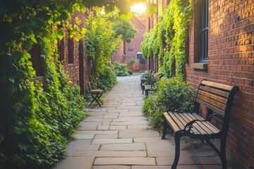 Aufkleber - Sunlit brick pathway with benches and lush greenery.