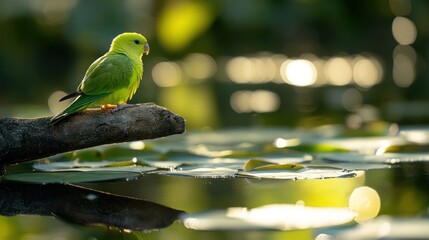 Poster - A vibrant green parakeet perched on a branch over a tranquil pond with lily pads, bathed in soft sunlight.