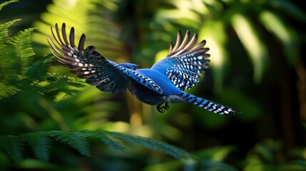 Aufkleber - Blue jay in flight, wings spread, vibrant blue plumage, green foliage background.