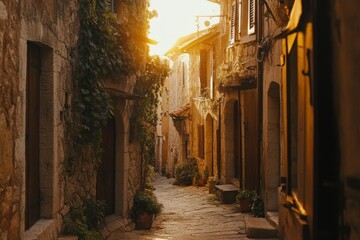 Poster - Sunlit cobblestone alleyway in a historic European town, with stone buildings, plants, and warm sunset light.