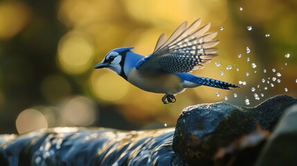 Aufkleber - Blue jay in flight, taking off from a rock near water, with golden bokeh background.