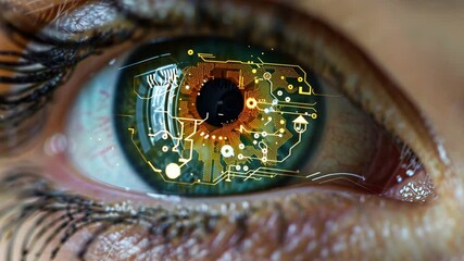 Leinwandbilder - Close-up view of a human eye showcasing vibrant circuit designs within the iris. This artwork symbolizes the fusion of biology and technology, highlighting futuristic themes.