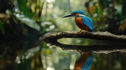 Poster - Vibrant kingfisher perched on branch above tranquil water, reflecting its image.