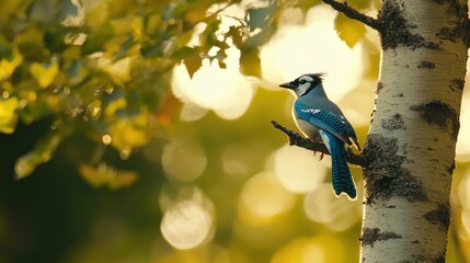 Aufkleber - Blue jay perched on birch tree branch at sunset.