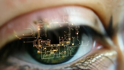 Leinwandbilder - A detailed close-up reveals an eye with reflections of complex circuit designs, highlighting the connection between human vision and advanced technology.