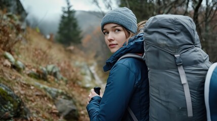 Wall Mural - A young woman hiking in a forest on a cloudy day, wearing a blue jacket and matching beanie, carrying a large backpack, and holding a trekking pole, surrounded by wintery foliage.