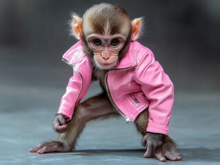 Wall Mural - a baby monkey wearing a pink leather jacket, striking a playful and stylish pose, symbolizing cutene