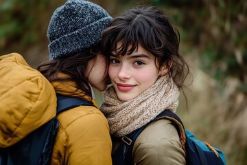 Wall Mural - Two young women in cozy outdoor clothing, one whispering to the other, captured during a nature hike. Their warm scarves and jackets reflect a chilly yet cheerful moment.