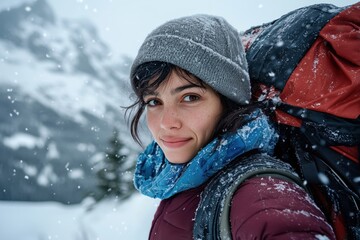 Wall Mural - Young woman with a backpack and winter gear smiling during a snowy hike in the mountains. Concept of adventure, resilience, and connection with nature.