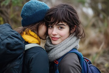 Wall Mural - Two young women in cozy outdoor clothing, one whispering to the other, captured during a nature hike. Their warm scarves and jackets reflect a chilly yet cheerful moment.