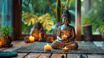 Aufkleber - This tranquil space features a Buddha statue surrounded by flickering candles and lush green plants, creating an inviting atmosphere for meditation and relaxation.