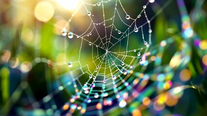 Morning dew drops on delicate spider web in nature. Magical macro photography of intricate cobweb pattern with water droplets. Garden wildlife in summer sunrise light with bokeh effect with copy space