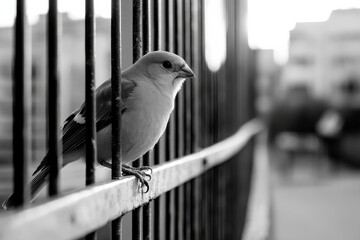 A close-up view of a small bird sitting on a metal fence, showcasing its intricate feathers and sharp gaze in a black and white photograph that highlights its presence.