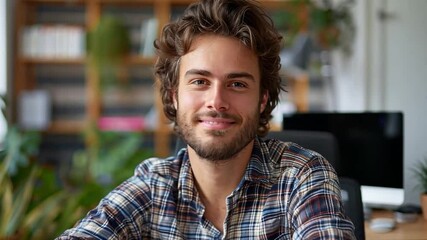 Poster - A young man with curly hair and a beard sits confidently, smiling in a vibrant workspace. The setting features plants and modern decor, creating an inviting atmosphere for creativity.