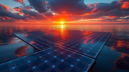 Canvas Print - Solar panels capture sunlight as the sun sets, highlighting renewable energy technology and sustainable living within a colorful environment