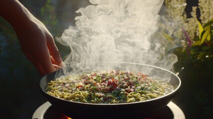 Wall Mural - A hand adds ingredients to a steaming dish in a skillet outdoors.