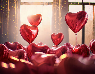 Wall Mural - Red heart-shaped balloons float gracefully against a warm sunset with golden bokeh lights streaming through a window.