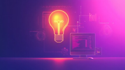 Glowing light bulb illuminating computer screen with code and data analysis, concept of innovative programming and software development