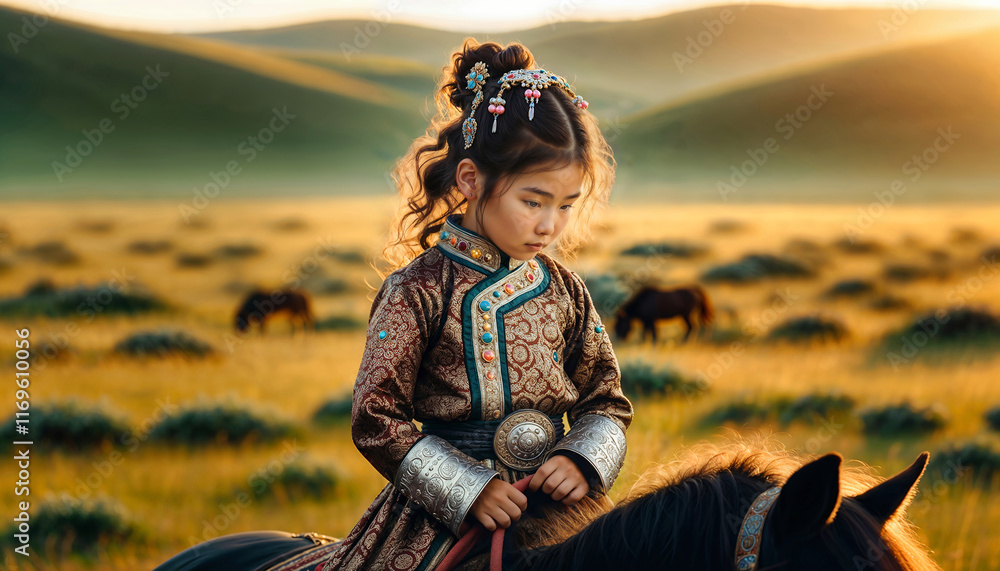 Mongolian little girl in ornate traditional Mongolian attire dress ...