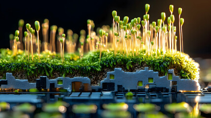 Wall Mural - Moss and sprouts growing on a circuit board.