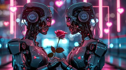 Poster - Two advanced robots hold a single red rose between them, surrounded by vibrant neon lights and heart-shaped decorations, celebrating love in a cybernetic world.