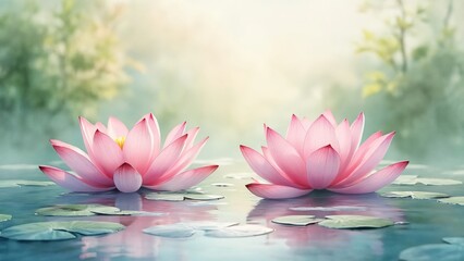 Wall Mural - Serene Pink Lotus Flowers on Calm Water, Peaceful Nature Scene