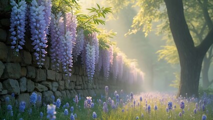 Enchanted Wisteria Garden Wall, Magical Spring Flowers and Misty Sunlight