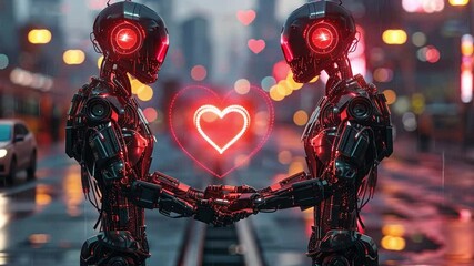 Poster - Two advanced robots hold hands amidst a colorful metropolis adorned with bright lights, symbolizing connection and love during Valentines Day. The setting radiates a sense of intimacy and harmony.