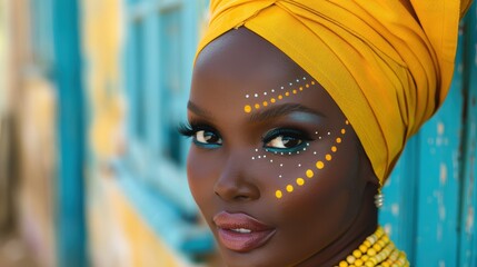 Wall Mural - A striking portrait captures a woman adorned with vibrant cultural makeup, featuring intricate patterns and a vivid yellow headwrap, set against a backdrop of traditional architecture