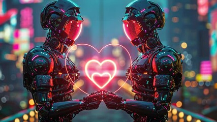 Poster - Two futuristic robots stand face to face, their hands clasped around a glowing heart. The vibrant city lights create a lively atmosphere, perfect for celebrating love on Valentine's Day.