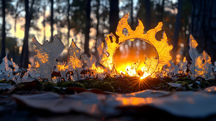 Wall Mural - Sunset framed by translucent leaves in forest.