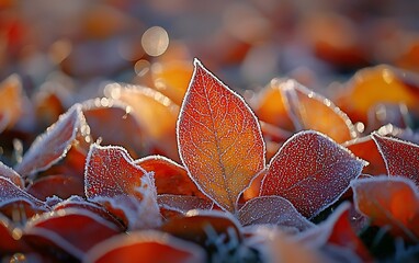 Poster - Frost-covered autumn leaves in sunlight.