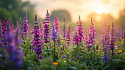 Wall Mural - Vibrant Purple Lupine Flowers at Sunset Meadow