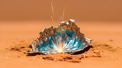 Molten metal sparks in desert sand.