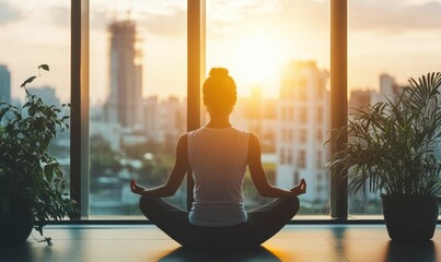 Wall Mural - Silhouetted woman meditates, sunset cityscape view.