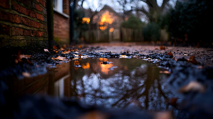 Wall Mural - Muddy puddle reflecting autumnal scene.