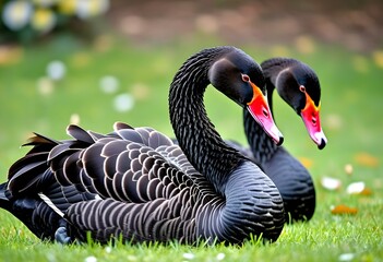 Wall Mural - black swan on the grass