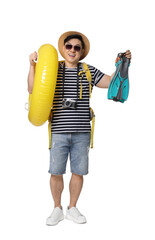 Wall Mural - Traveller with inflatable ring and swim fins on white background