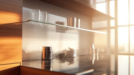 Modern kitchen countertop with glass shelf and utensils