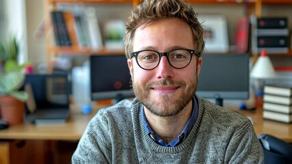 Poster - A cheerful man with glasses sits at a wooden desk in a warm and inviting workspace. Lush plants and computer screens create a comfortable atmosphere, perfect for productivity.