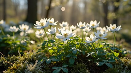 Wall Mural - Stunning White Wood Anemone Flowers in Spring Forest Sunlight