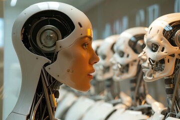 A woman's head is shown in front of a row of robot heads