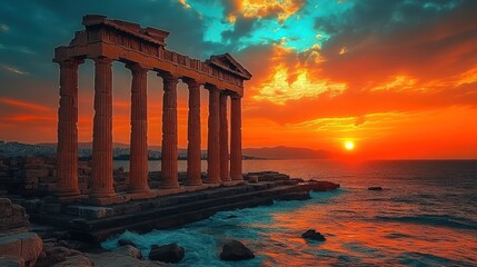 Canvas Print - Sunset over ancient Greek ruins by the sea.