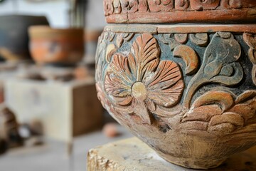 Ornate, earthenware vessel; floral carvings; aged texture.